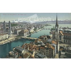  1911 – Zurich. Lake Zurich and St. Peter’s Church. Colored photo sheet, postcard. (2791041)
