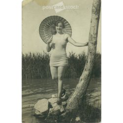   Lady in swimsuit with umbrella. Balaton. Photo sheet, postcard. (2791106)