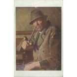 1920 - Smoking old farmer portrait painting reproduction. With Kecskemét stamping. Postcard. (2791139)