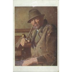   1920 - Smoking old farmer portrait painting reproduction. With Kecskemét stamping. Postcard. (2791139)