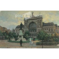   1916 - Budapest, Central Railway Station and Baross statue. Colored photo sheet, postcard. (2791143)