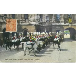   1949 - Royal horse guards, changing guard. Whitehall. London. Colored photo sheet, postcard. (2791174)