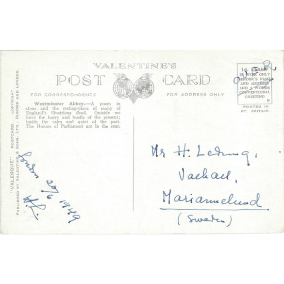 1949 - London. Western towers. Westminster Abbey. Colored photo sheet, postcard. (2791176)