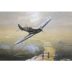   A Spitfire donated to 41 Squadron by the Royal Observer Corps’ is seen flying over the City of London. Colored photo sheet, postcard. (2791221)