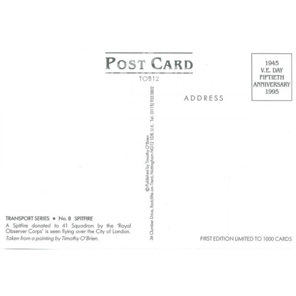 A Spitfire donated to 41 Squadron by the Royal Observer Corps’ is seen flying over the City of London. Colored photo sheet, postcard. (2791221)