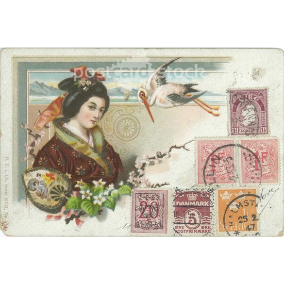 1902 - Japanese style children’s blessing greeting card. With 3-dimensional glitter powder decoration. Postcard. (2791448)