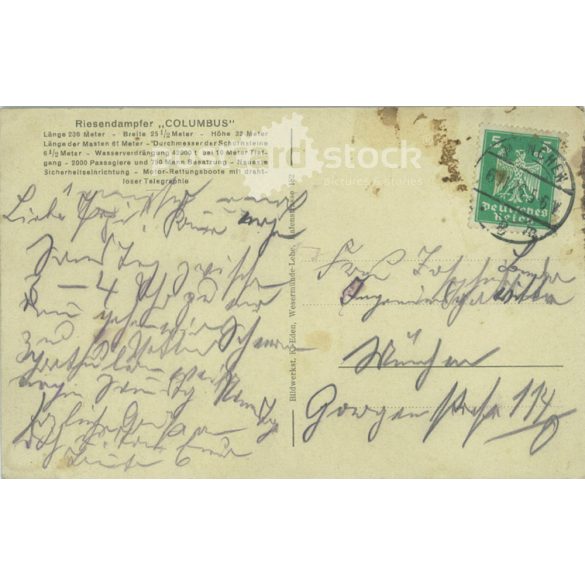 1926 - SS Columbus, German cruise ship. The ship was originally named Hindenburg. Photo sheet, postcard. (2791480)