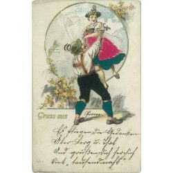   1900 - Cheerful romantic greeting card. Embossed, gilded graphics. (2791482)