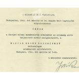 1944 - Award for anti-Soviet operations, Hungarian Bronze Medal of Merit. On embossed, embossed letterhead, the m. kir. from the Minister of Defense. (2791505)