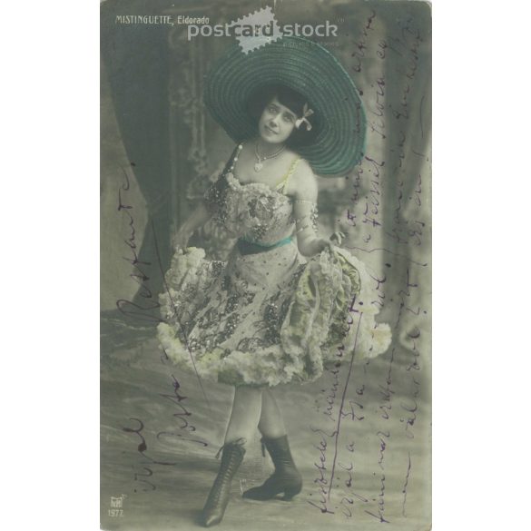 1909 – Mistinguett, French actress and singer. At one time she was the highest paid female entertainer in the world. Colored photo sheet, postcard. (2791540)