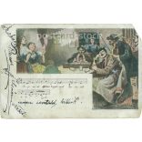 1899 - Romantic postcard with singers, music sheet, lyrics and unique illustration. Postcard. (2791549)