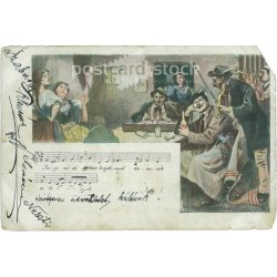   1899 - Romantic postcard with singers, music sheet, lyrics and unique illustration. Postcard. (2791549)