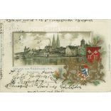 1909 - Greetings from Regensburg. Unique litography and embossed, gilded crest. Colored photo sheet. (2791550)
