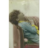 1925 - Young French woman with cigarette. Romantic postcard. Colored photo sheet. (2791563)