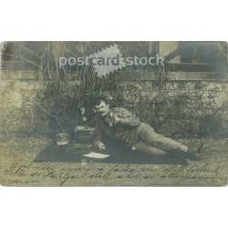   1915 - WWI K.u.K. soldier at his station. With camp stamp. Postcard, photo sheet. (2791817)
