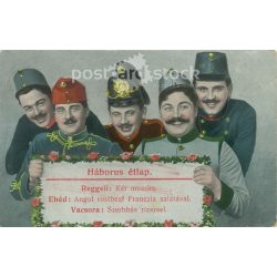   1914 - WWI Austro-Hungarian K.u.K. military war menu with humour. Postcard, colored photo sheet. (2791818)