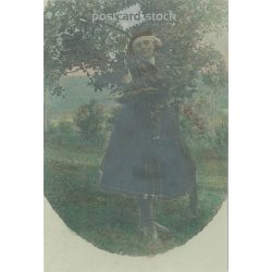   Full length, color photo sheet, postcard detail. Woman in traditional costume in front of a fruit tree. (2791833)