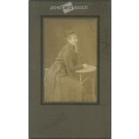 Full length portrait of young woman in elegant embroidered dress. Cabinet photo / hardback photo / business card. (2791880)