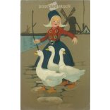 1911 - Girl dressed in Dutch folk costume with geese. Postcard, greeting card. (2791898)