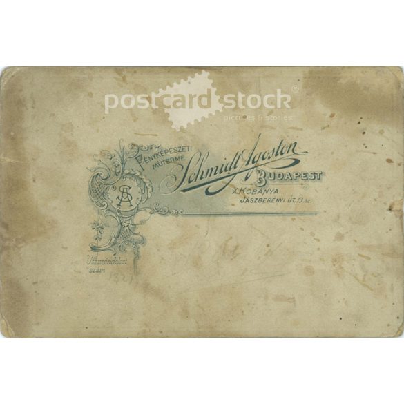 Photographic studio of Ágoston Schmidt, Budapest. Middle-class, full-family, studio photo of a family with two children. Cabinet photo / hardback photo / business card. (2791917)