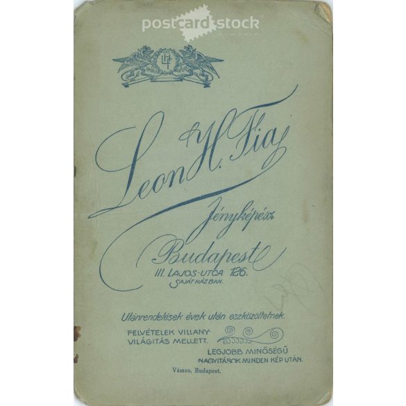 Leon H. Son photography studio, Budapest. Mother with son, full-length, studio photo. Cabinet photo / hardback photo / business card. (2791918)