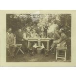 Illustrative company of men at a gathering of friends while drinking in the garden. Photo card, postcard detail. 1930s. (2791936)