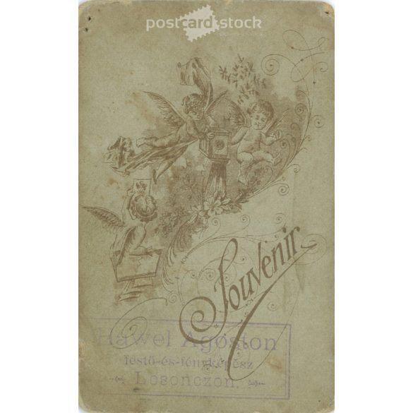 The work of painter and photographer Hawel Agoston, 1910s, Losoncz. Studio photo of young lady. Exciting composition combined with live flowers.  Cabinet card / CDV photo / hardback photo. (2791942)