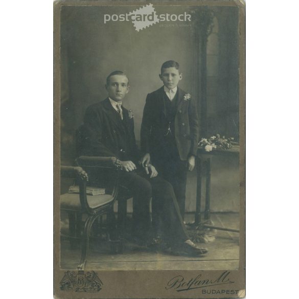 A full-length photo of young brothers in an elegant suit taken in M. Botfan’s photo studio. Budapest. Original paper image. Cabinet photo / hardback photo. (2791932)