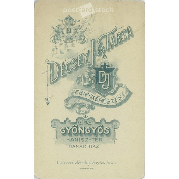 Cabinet photo taken in the photo studio of Décsei és Társa, Gyöngyös. Studio photo of a talented young man with a mustache and character.  Cabinet card / CDV photo / hardback photo. (2791956)