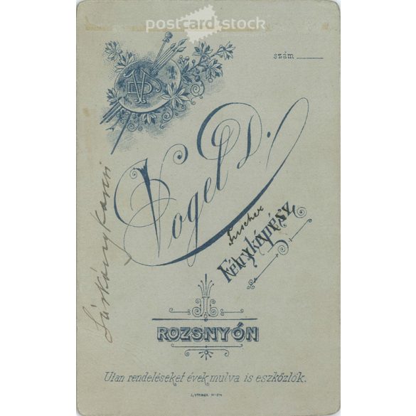 Cabinet photo taken in the photo studio of Dániel Vogel in Rožňava. Portrait photo of Karcsi Dragon.  Cabinet card / CDV photo / hardback photo. (2791959)