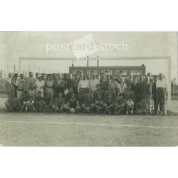   Civilians and athletes together, group portrait on soccer field. Original paper image. Postcard, photo sheet. (2791973)