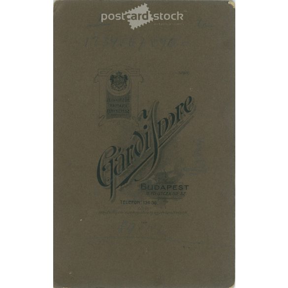 Cabinet photo taken in Imre Gárdi’s photography studio. Budapest. Little girl in a white dress with a bow.  Cabinet card / CDV photo / hardback photo. (2791985)