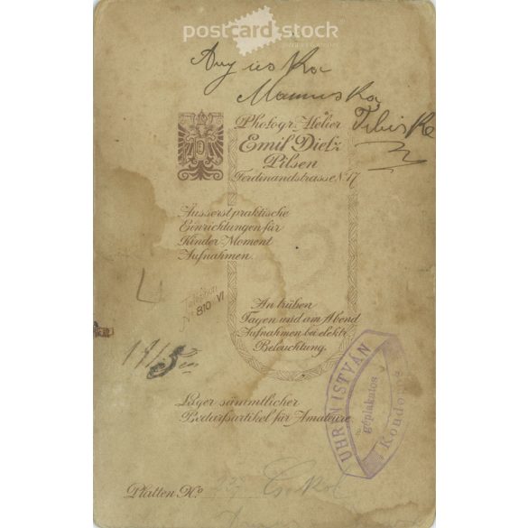 1915 - Cabinet photo taken by Emil Dietz in his photography studio. Pilsen. Full-length photo of István Uhrin.  Cabinet card / CDV photo / hardback photo. (2791985)