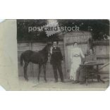 circa 1905 - Young woman with her father with a young foal going to the fair. Original paper image. Postcard, photo sheet. (2791995)