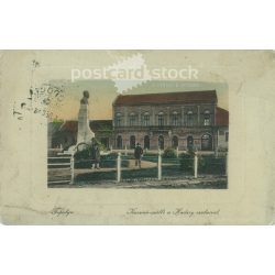   1911 - Topolya. Casino hostel with the statue of Hajj. Original paper image. Postcard, colored photo sheet. (2791999)