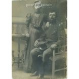 circa 1910 - Soldier on leave with his wife, studio, full-length shot. Original paper image.  Cabinet card / CDV photo / hardback photo. (2792001)