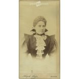 circa 1900 - Alajos Klapok, photography studio, Arad. Talented middle-aged woman in attractive dress, portrait photo.  Cabinet card / CDV photo / hardback photo. (2792006)