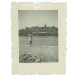 Young woman on the bank of the Danube after the liberation, with the bombed-out Buda Castle in the background. Original small paper image. (2792015)