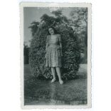 Full length photo of young woman in elegant dress in the park. Small original paper image. (2792018)