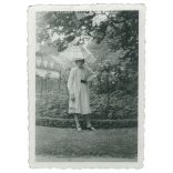 1938 - Full length photo of young elegant girl in dress and hat in the park. Small original paper image. (2792020)