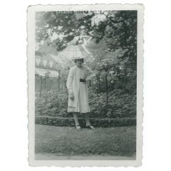   1938 - Full length photo of young elegant girl in dress and hat in the park. Small original paper image. (2792020)