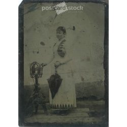   Full length photo of young girl in elegant dress with umbrella. Original tintype. (2792023)