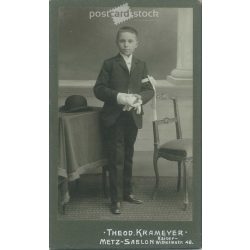   Theodor Krameyer, Photography Studio, France, Metz. Full-length photo of first communion little boy.  Cabinet card / CDV photo / hardback photo. (2792034)