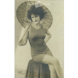 1928 - Full-length photo of a young woman from Siófok, in a contemporary, elegant bathing suit with a parasol. Original paper image. Postcard, photo sheet. (2792050)