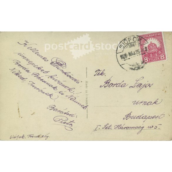 1928 - Full-length photo of a young woman from Siófok, in a contemporary, elegant bathing suit with a parasol. Original paper image. Postcard, photo sheet. (2792050)