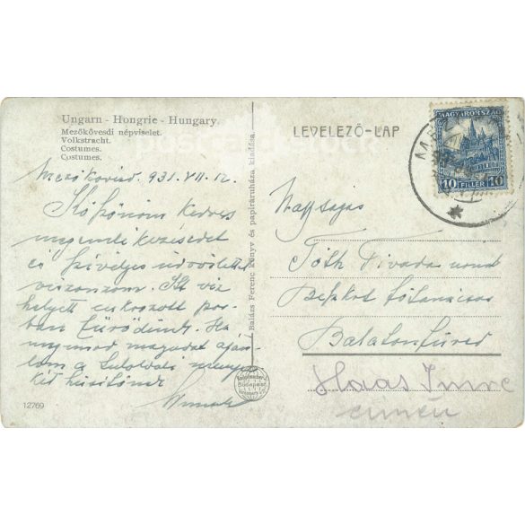 1931 - Mezőkövesdi folk costume. Black and white photo sheet, postcard. (2792097)