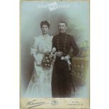 1905 - Weitzmann photographic studio, Vienna. Full-length wedding photo of a young couple. Colored  Cabinet card / CDV photo / hardback photo. (2792100)