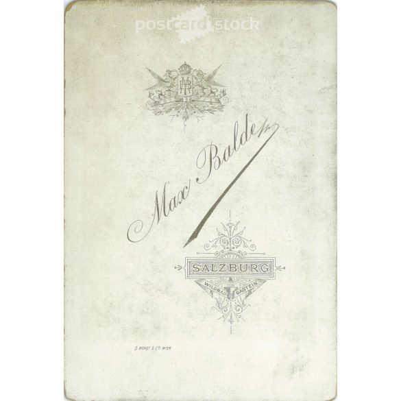 Late 1800s. Max Balde photography studio, Salzburg. Full-length studio photo of a middle-aged man in a hat and walking stick.  Cabinet card / CDV photo / hardback photo. (2792102)