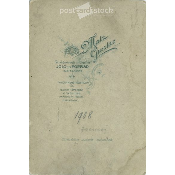 1908 - Gusztáv Matz photography studio, Igló and Poprád. Half-length studio photo. A young woman in fancy dress with an oval pendant around her neck.  Cabinet card / CDV photo / hardback photo. (2792110)