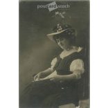 Early 1900s. Budapest photography studio. Full-length studio photo. Young woman in elegant dress and hat decorated with flowers.  Cabinet card / CDV photo / hardback photo. (2792117)
